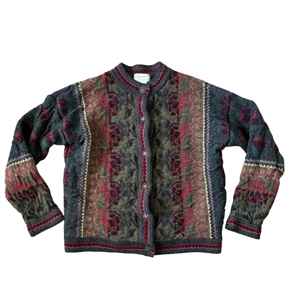Vtg Chessy Lewis Button Up Sweater Sz M Green Red Floral Cozy Grannycore England